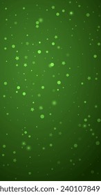 Snowfall overlay christmas background. Subtle flying snow flakes and stars on christmas green background. Festive snowfall overlay. Vertical vector illustration.