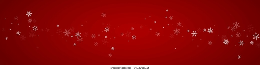 Snowfall overlay christmas background. Subtle flying snow flakes and stars on christmas red background. Festive snowfall overlay. Panoramic vector illustration.