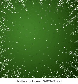 Snowfall overlay christmas background. Subtle flying snow flakes and stars on christmas green background. Festive snowfall overlay. Square vector illustration.