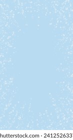 Snowfall overlay christmas background. Subtle flying snow flakes and stars on light blue winter backdrop. Festive snowfall overlay. Vertical vector illustration.