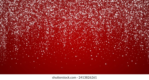 La nieve superó el fondo de la navidad. Sutiles copos de nieve volando y estrellas de fondo rojo navideño. Sobrecoste de nieve festivo. Ilustración vectorial amplia.