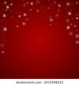 Snowfall overlay christmas background. Subtle flying snow flakes and stars on christmas red background. Festive snowfall overlay. Square vector illustration.