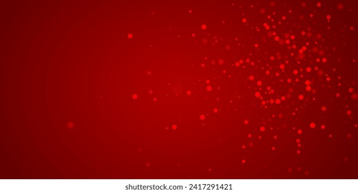 Snowfall overlay christmas background. Subtle flying snow flakes and stars on christmas red background. Festive snowfall overlay. Wide vector illustration.