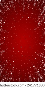 Snowfall overlay christmas background. Subtle flying snow flakes and stars on christmas red background. Festive snowfall overlay. Vertical vector illustration.