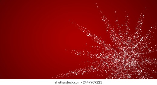 Snowfall overlay christmas background. Subtle flying snow flakes and stars on christmas red background. Festive snowfall overlay. Wide vector illustration.