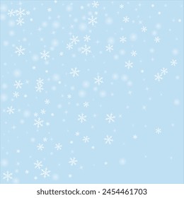 Snowfall overlay christmas background. Subtle flying snow flakes and stars on light blue winter backdrop. Festive snowfall overlay. Square vector illustration.