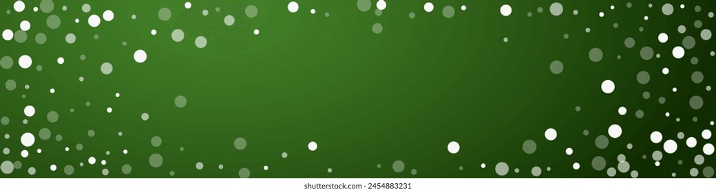 Snowfall overlay christmas background. Subtle flying snow flakes and stars on christmas green background. Festive snowfall overlay. Panoramic vector illustration.