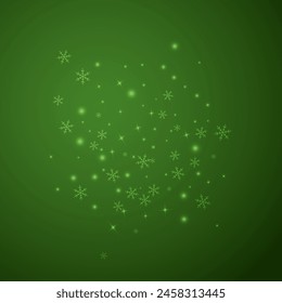 Snowfall overlay christmas background. Subtle flying snow flakes and stars on christmas green background. Festive snowfall overlay. Square vector illustration.