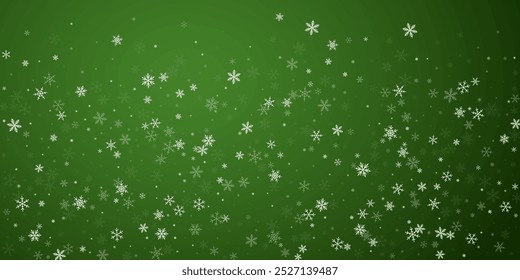 Snowfall overlay christmas background. Subtle flying snow flakes and stars on christmas green background. Festive snowfall overlay. Wide vector illustration.