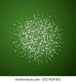 Cachoeira de neve cobre fundo de natal. Flocos de neve voadores sutis e estrelas no fundo verde de Natal. Cobertura de neve festiva. Ilustração de vetor quadrado.