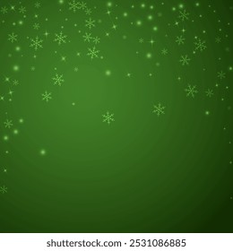 Snowfall overlay christmas background. Subtle flying snow flakes and stars on christmas green background. Festive snowfall overlay. Square vector illustration.