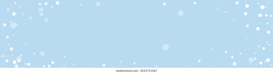Snowfall overlay christmas background. Subtle flying snow flakes and stars on light blue winter backdrop. Festive snowfall overlay. Panoramic vector illustration.