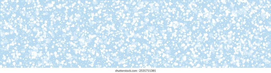 Snowfall overlay christmas background. Subtle flying snow flakes and stars on light blue winter backdrop. Festive snowfall overlay. Panoramic vector illustration.