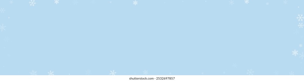 Fondo de Navidad de superposición de nieve. Copos de nieve voladores sutiles y estrellas sobre fondo de invierno azul claro. Superposición de nevadas festivas. Ilustración vectorial panorámica.