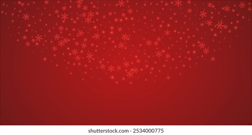 Fondo de Navidad de superposición de nieve. Copos de nieve voladores sutiles y estrellas en el fondo rojo de la Navidad. Superposición de nevadas festivas. Amplia Ilustración vectorial.