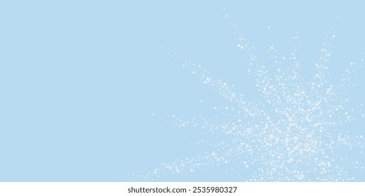 Snowfall overlay christmas background. Subtle flying snow flakes and stars on light blue winter backdrop. Festive snowfall overlay. Wide vector illustration.
