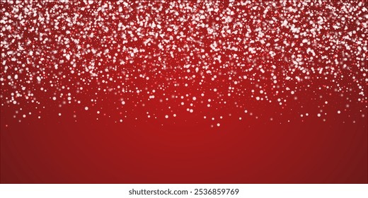 Snowfall overlay christmas background. Subtle flying snow flakes and stars on christmas red background. Festive snowfall overlay. Wide vector illustration.