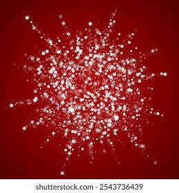 Fondo de Navidad de superposición de nieve. Copos de nieve voladores sutiles y estrellas en el fondo rojo de la Navidad. Superposición de nevadas festivas. Ilustración vectorial cuadrada.