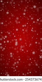 Snowfall overlay christmas background. Subtle flying snow flakes and stars on christmas red background. Festive snowfall overlay. Vertical vector illustration.