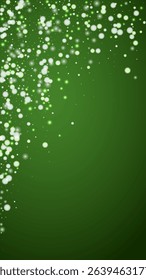 Snowfall overlay christmas background. Subtle flying snow flakes and stars on christmas green background. Festive snowfall overlay. Vertical vector illustration.