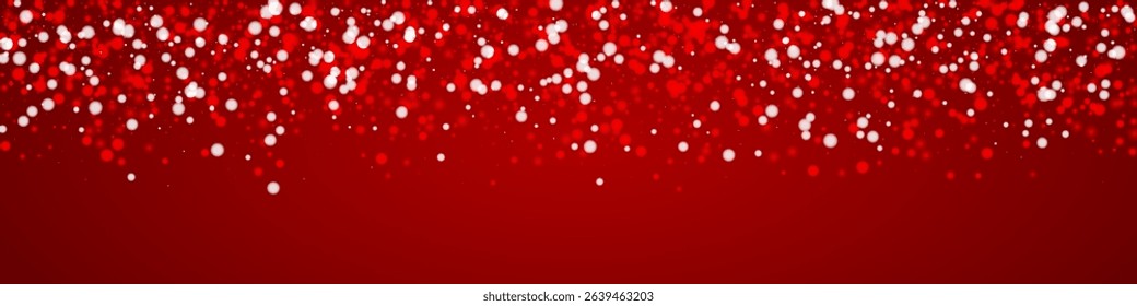 Snowfall overlay christmas background. Subtle flying snow flakes and stars on christmas red background. Festive snowfall overlay. Panoramic vector illustration.