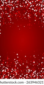 Snowfall overlay christmas background. Subtle flying snow flakes and stars on christmas red background. Festive snowfall overlay. Vertical vector illustration.
