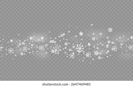 Snowfall overlay with realistic snowflakes and cold winter wind. Transparent background with white dust and blizzard effect. Xmas weather for greeting cards and holiday decoration.
