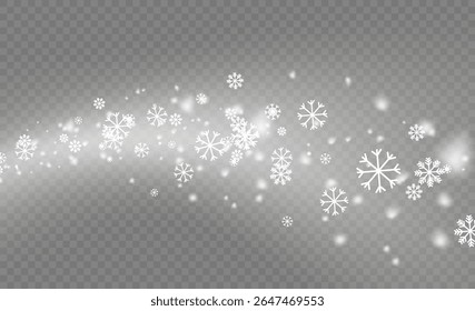 Schneefall-Overlay mit realistischen Schneeflocken und kaltem Winterwind. Transparenter Hintergrund mit weißem Staub und Schneesturmeffekt. Weihnachtswetter für Grußkarten und Urlaubsdekoration.