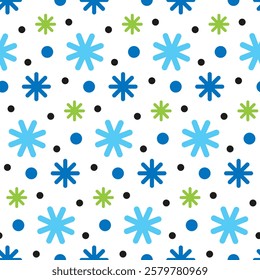 Snowfall pattern. Green and blue snowflakes for abstract background. Bright wallpaper with snow flakes. Simple seamless christmas texture. Repeat contrast winter print. Ornament is easy to repaint.