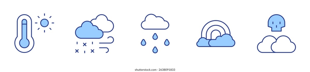 snowfall, rainbow, killer fog, thermometer, rain. Weather forecast Icon vector illustration. Line Duotone style. Editable stroke.