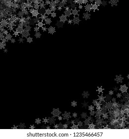 Snowfall with random snowflakes layers in the dark