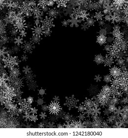 Snowfall with random snowflakes layers in the dark