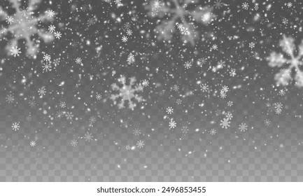 Snowfall realistic vector on a dark background. Transparent elements for winter cards. Christmas background.