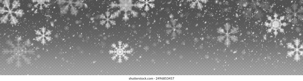 Vector realista de la nevada en un fondo oscuro. Elementos transparentes para tarjetas de invierno. Navidades de fondo.