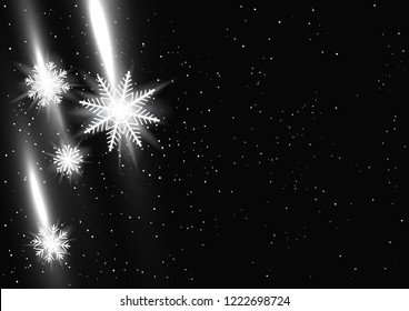 Snowfall from the side. White glow snowflakes on dark snowy background. Ice shape pattern. Winter Christmas holiday decoration