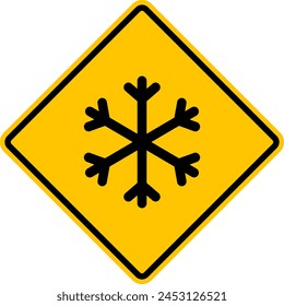 Snowfall sign. Snowfall warning sign. Yellow diamond road sign with a snowflake icon inside. Be careful, snowfall, slippery road. Rhomb road sign. Snow and ice.