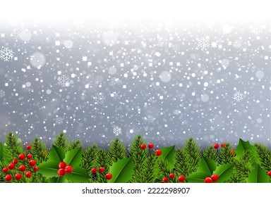 Schneefall mit silbernem Hintergrund mit Holly Berry mit Farbverlauf-Mesh, Vektorgrafik