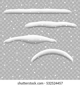 Schneefall und Schneekappen auf transparentem Hintergrund. Vektorgrafik.