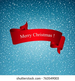 Snowfall Snow Falls from the Sky White Snowflakes on Blue Background with Red Ribbon Merry Christmas Vector Illustration