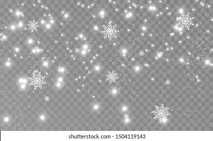 Snowfall. A lot of snow on a transparent background. Christmas winter background. Snowflakes falling from the sky.