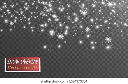 Snowfall. A lot of snow on a transparent background. Christmas winter background. Snowflakes falling from the sky.