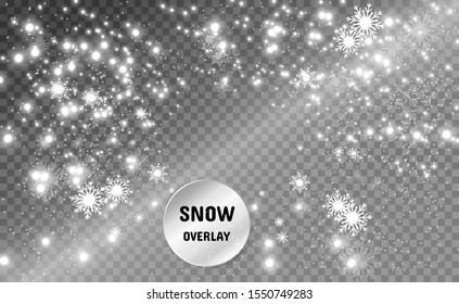 Snowfall. A lot of snow on a transparent background. Christmas winter background. Snowflakes falling from the sky.