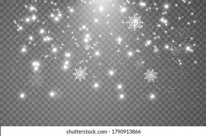 Schneefall. Viel Schnee auf transparentem Hintergrund. Weihnachtswinterhintergrund. Schneeflocken fallen vom Himmel.