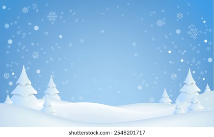 Snowfall And With Snowflake With Snow Fir Trees And Landscape , Vector Illustration