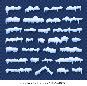 Snowfall with snowflakes. Christmas, New Year frozen ice texture vector illustration. Snow caps, falling snow. Snowdrifts and icicles, ice cap winter decoration. Winter season. Cartoon style. 