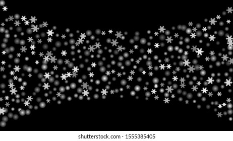Snowfall, snowflakes in different forms. White cold elements on black background. Snow flakes, snow background. Vector.
