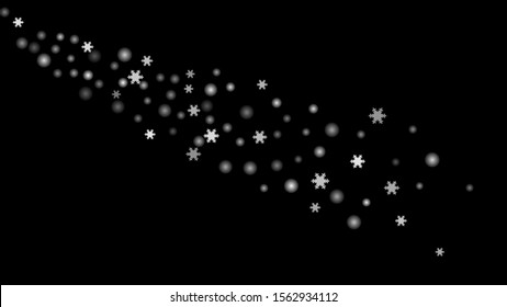 Snowfall, snowflakes in different forms. White cold elements on black background. Snow flakes, snow background. Vector.
