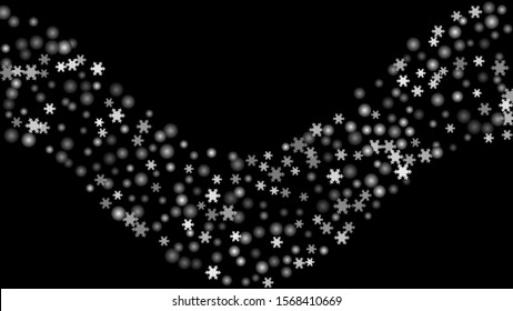 Snowfall, snowflakes in different forms. White cold elements on black background. Snow flakes, snow background. Vector.
