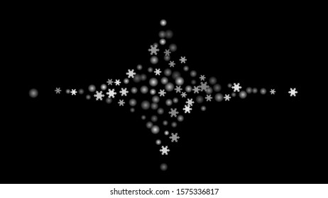 Snowfall, snowflakes in different forms. White cold elements on black background. Snow flakes, snow background. Vector.

