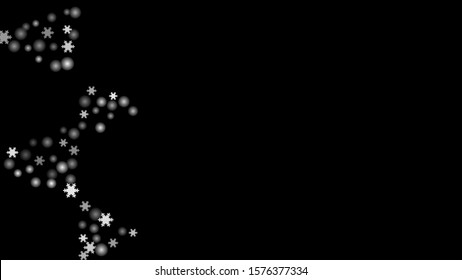 Snowfall, snowflakes in different forms. White cold elements on black background. Snow flakes, snow background. Vector.
